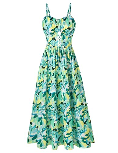 Image of GRACE KARIN 2026 Women's Spaghetti Vacation Sundress Summer Beach Flowy Boho Floral Maxi Dresses with Pockets Green Yellow Floral L