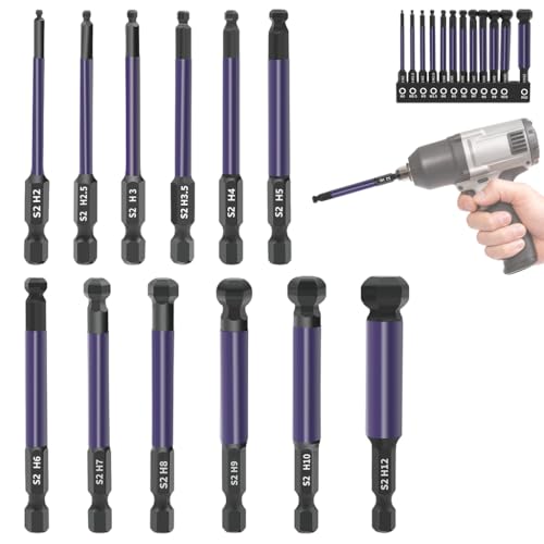 Image of Serplex 12Pcs Ball End Hex Screwdriver Bit Set H2-H12, S2 Steel 1 /4'' Hex Shank Magnetic Hex Bits Set, 2-12mm Allen Key Drill Bits with 25 Angled Ball Tip for Furniture Assembly, Automotive Repair