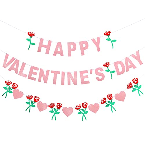 Image of Festiko 2-Piece Valentines Day Banner - Red Glittery Heart Garland, Photo Prop, Fireplace Decor
