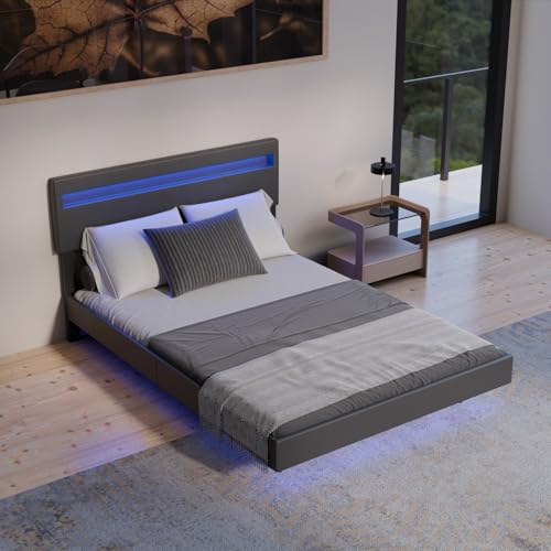 Juskys Schwebebett Lissabon 140x200 cm schwarz - Polsterbett mit LED, Lattenrost und Kopfstütze - Modernes Bett mit Holz Bettgestell und Kunstleder