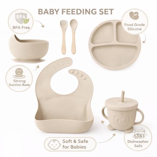 Image of 6 Piece BPA-Free Silicone Baby Feeding Set | Thick & Soft Suction Plates, Baby Food Bowl, Wooden Fork & Spoon, and More | Make Mealtime Fun and Easy for Your Little One (Beige)