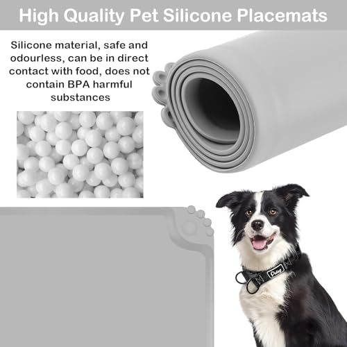 TNOMSNO 2 Stück Napfunterlage Hund Katzen, 48x30cm Set Napfunterlage Hund Katzen Silikon Hundenapf Unterlage wasserdichte Hund Katze Fütterungsmatte rutschfeste Schwarz&Grau