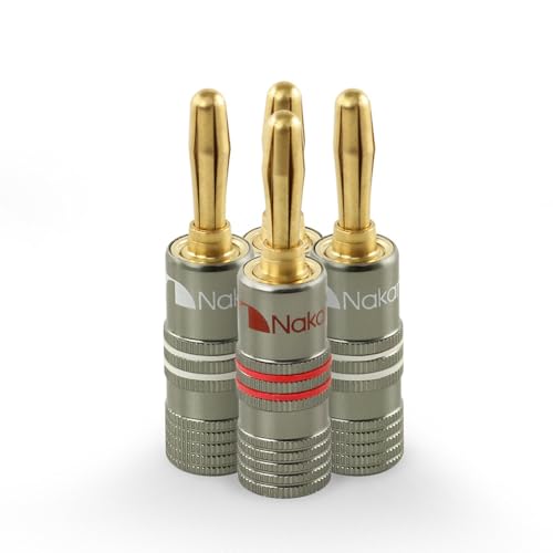 Nakamichi Ultimate Series 24K vergoldeter Beryllium-Rotes-Kupfer-Bananenstecker Banana-Steckverbinder für Lautsprecherkabel 12-18 AWG Gauge Größe 4 mm, für HiFi-Boxen Verstärker 4 Stück (2 Paare)