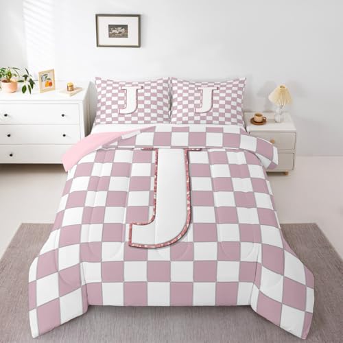 Image of Erosebridal Pink Initial J Toddler Bedding Set Kawaii Plaid Checkered Comforter Set for Kids Girls Teen Women Cute Personalized Monogram Down Comforter,Fashion Grids Gingham Quilt Duvet