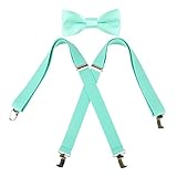 Kat Cheung Bahar 2PCS Bow Tie And Suspenders Set For Kids Boys 4 Clips Adjustable and Elastic Braces X Shape (Mint)