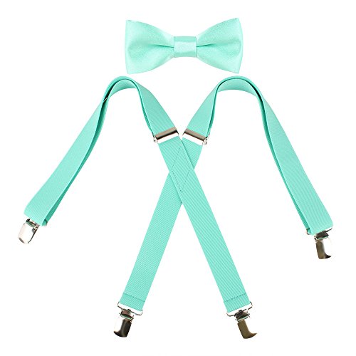 Kat Cheung Bahar 2PCS Bow Tie And Suspenders Set For Kids Boys 4 Clips Adjustable and Elastic Braces X Shape (Mint)