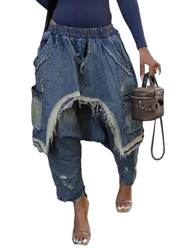 Unybwonn Womens Harem Jeans Baggy Cargo Hippie Patchwork Denim Pants Casual Elastic Waist Wide Leg Jogger Trousers