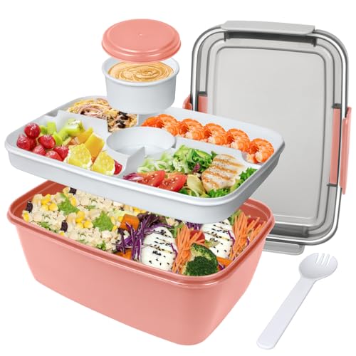 Grande boîte à salade de 2 000 ml pour adultes, bol à salade anti-fuite avec plateau à 5 compartiments, couvercle, pots à vinaigrette, couverts pour le...