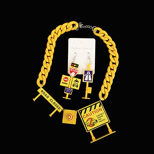 Funny Acrylic Simulation Earrings Traffic Construction Road Signs Barricade Childlike Earrings Funny Hip Hop Ear Clip Personalized Necklace Set4