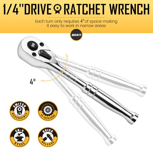 Image of boen 1 /4-Inch Drive Ratchet, 90-Tooth Quick-Release Ratchet Wrench, 4-Degree Swing, Reversible, Chrome Alloy Made, Full Polished (Pack of 2)