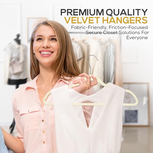 Image of Techzoo 50 Pack New Premium Quality Velvet Hangers Ultra Thin Non Slip Adult Felt Space Saving Hangers for Closet Heavy Duty Coat Pants Jackets Dress Hangers 360 Swivel Hook Hold Upto 10 lbs Ivory