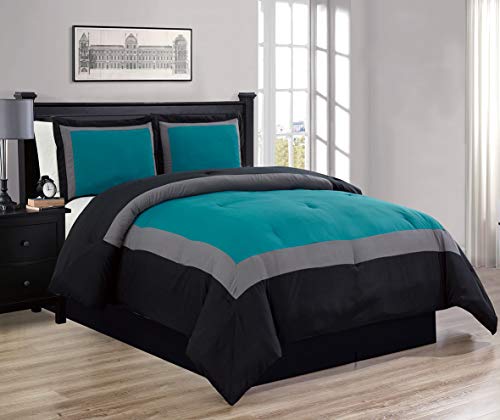 GrandLinen 4-Piece All-Season Down Alternative Quilted Color Block Full Size Comforter Set- Summer Cooling Ultra Soft Bedding- Plush Microfiber Fill - Machine Washable (Teal, Blue, Black, White)