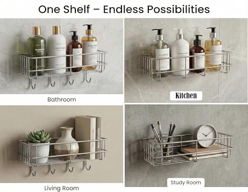 Image of SaleOn Stainless Steel Lifetime Rust Free Self Adhesive Shelf Rack Set of 2 for Kitchen & Bathroom | No Drill Wall Mount Sink Organizer with Hooks | Kitchen Sink Wall Organiser | 1 Year Warranty