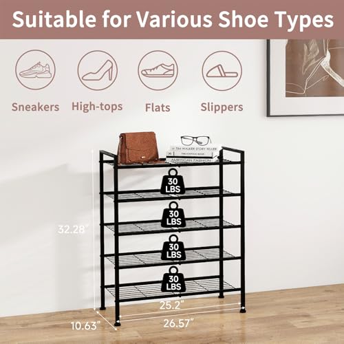 Image of 5-Tier Shoe Rack, Metal Storage Shelves for Closet Entryway, Tall Narrow Unit for Small Spaces, Multi-Purpose Organizer for Bedroom Garage, Easy Assembly, Black