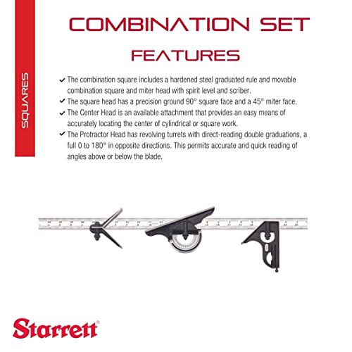 Starrett Combination Set With Square, Center And Reversible Protractor Head And Blade - 24" Blade Length, Forged And Hardened Steel Heads, 4R Graduation Type - 434-24-4R #TOP1