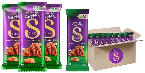Image of Cadbury Dairy Milk Silk Roasted Almonds Chocolate Bar, 143g (Pack of 3) & Dairy Milk Silk Roast Almond with Whole Nuts Chocolate Bar, 58g - Pack of 8