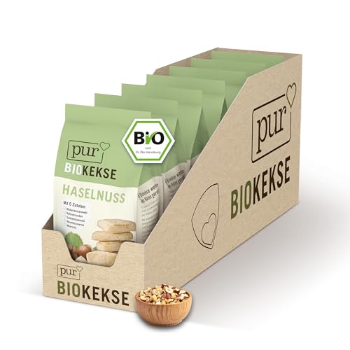 Pur Bio Kekse mit Haselnuss, 7 x 125g Beutel, Haselnusskekse Großpackung, leckerer veganer Snack als Knabberartikel, Keksgebäck aus nur 5 natürlichen Zutaten, bio, vegan