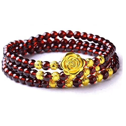 Xunfee Bracelet Feng Shui Perles Grenat Bracelet Perlé Pierre Naturelle Rose Fleur Charme Bracelet Bracelet pour Bonne Chance Attacher Richesse Argent Amulette Cover