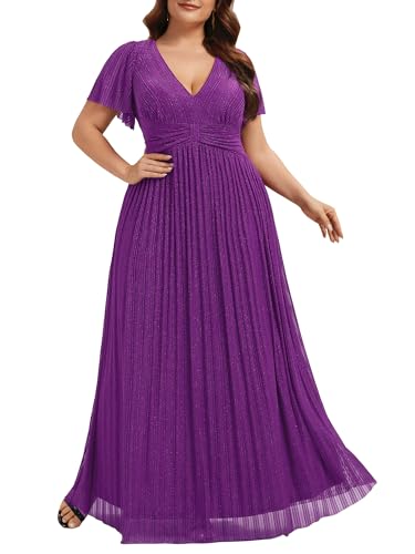 Image of Ever-Pretty Women's Plus Size Glitter Formal Dresses for Curvy Women A Line V Neck Gala Mother of Bride Dress Evening Gown
