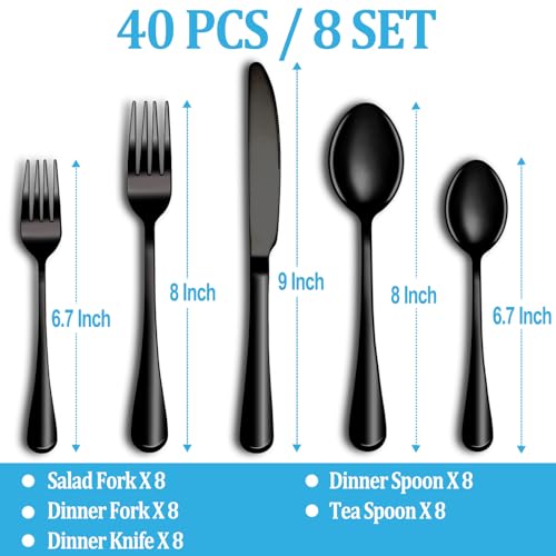 Image of 40 Pcs Black Silverware Set, Stainless Steel Flatware Set Service for 8, Mirror Polished Cutlery Utensil Set, Durable Home Kitchen Eating Tableware Set, Include Fork Knife Spoon Set, Dishwasher Safe
