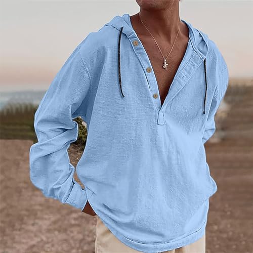 Mens Cotton Sweatshirts Solid V-neck Drawstring Hoodies Thin Breathable Lightweight Pullover Long Sleeve Loose Hooded2