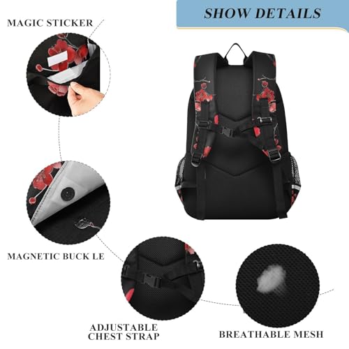 Red Plum Cherry Blossoms on Black School Backpacks Travel Laptop Bag Kids Bookbag for Girls Boys Teens Women Men3