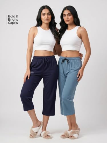 Image of Fflirtygo Women's Cotton Plain Calf Length Capri | Nightwear Short Pyjama | 3 /4th Solid Pyjama Pant | Regular Fit Casual & Lounge Wear Capri Combo (Pack of 2)