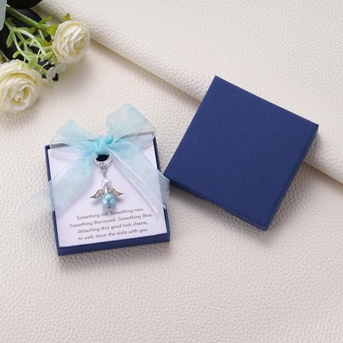 Image of MIXJOY Something Blue Gift for Bride, Wedding Day Bridal Blue Pearl Angel Wings Bouquet Garter Charm for Bride to Be