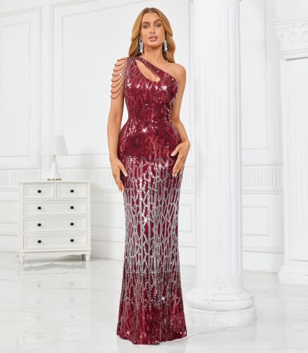 Image of Cololura Women Sequin Elegant Sexy One Shoulder Tassel Mermaid Bodycon Cocktail Evening Dress