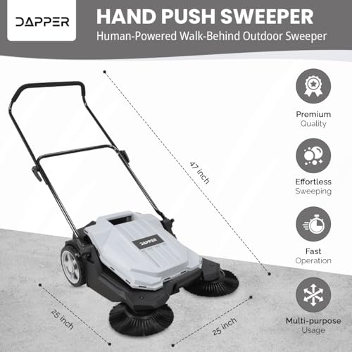 Image of Dapper Supply Walk-Behind Outdoor Hand Push Floor Sweeper - 5.25 Gallon Capacity - 25.5 inch Sweeping Width - Sweeps up to 27,900 ft /Hour, Grey