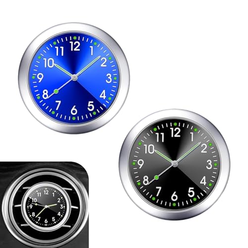 lekiliky 2PCS Stick on Car Dashboard Clock, Mini Tiny Luminous Center Console Clock, Retro-Style Alloy Car Time Display, Universal for Most Vehicles Home Boats (Black & Blue)