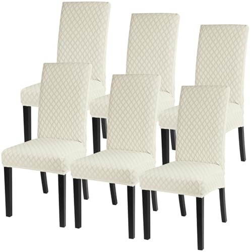 Image of SearchI Dining Room Chair Covers Set of 6, Stretch Jacquard Parsons Chair Slipcovers Super Fit Removable Washable Kitchen Chair Protector Cover for Dining Room, Hotel, Ceremony (Cream)