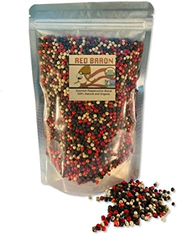 Red Baron Gourmet Peppercorn Blend for grinder, Organic, 100% Natural, Paleo, keto and vegan friendly, Non GMO, no artificial color 10 oz, Rainbow Blend Peppercorn Whole Black peppercorn, pink peppercorn -red peppercorn- and White peppercorn for refill pepper grinder