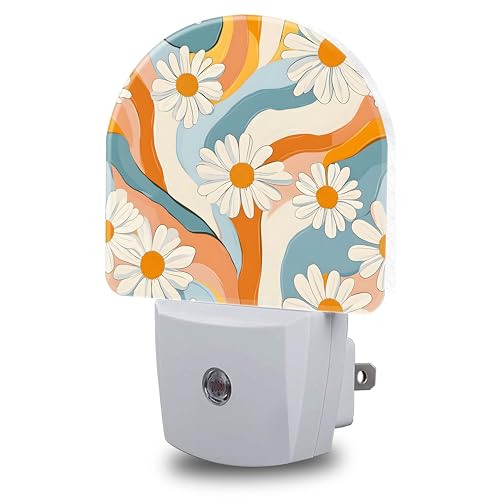 Image of Night Light, Retro Groovy Flower Night Lights Plug into Wall Dusk to Dawn Sensor Round Nightlight for Women Men Energy Efficient Led Lamp 0.5W for Stairway Hallway Bedroom