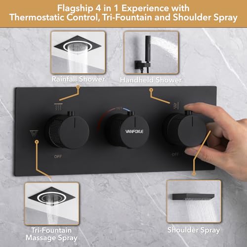 VANFOXLE Thermostatic Shower Faucet Set Matte Black Shower System, Shower Faucet with 2 in 1 Handheld, Ceiling Mount 19 Inch Dual Mode LED Shower Head+14 Inch Shoulder massager miniatura 5