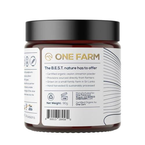 One Farm by WAAYB Organic Ceylon Cinnamon, Single Estate, Freshly Ground Premium Sri Lankan Cinnamon, Non-GMO, Fair Trade & Gluten Free Jar with Clasp for Cooking, Vitamins, Lattes & Tea