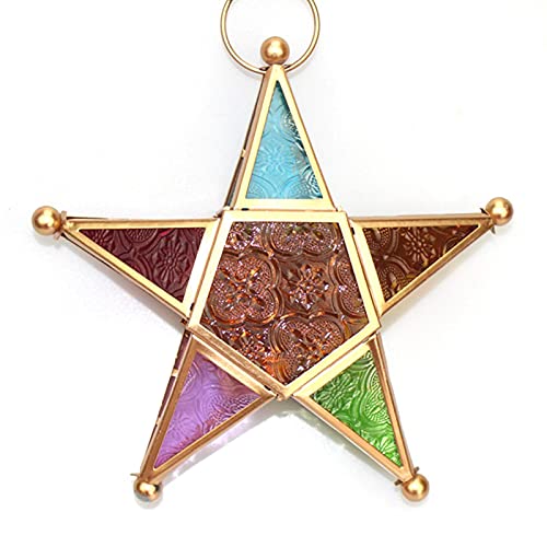 Jiakalamo Farol de vela con forma de estrella marroquí, farol de estrella colgante de cristal, portavelas decorativo (multicolor)