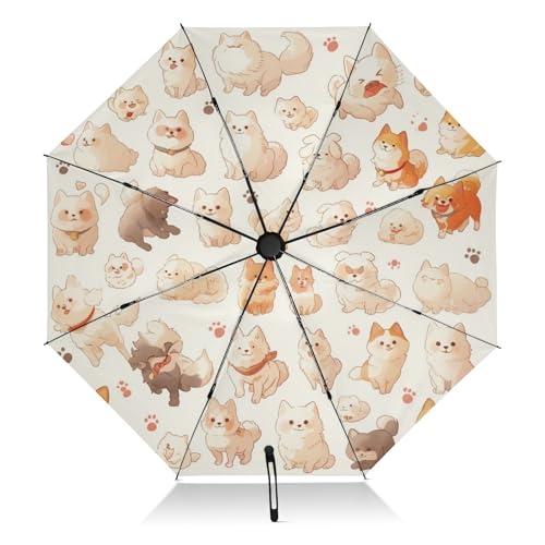 LINNIKEEEE Lindos Perros Blancos Paraguas Plegable Automático Abrir y Cerrar Protección UV Ligero Paraguas para Viajes Playa Mujeres Niños