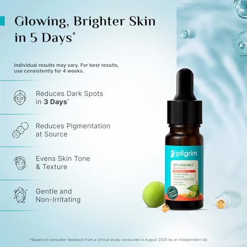 Image of Pilgrim 10% Vitamin C Face Serum For Daily Brightness 10 ml | Face serum for glowing skin | Reduces Dark Spots & Evens Skin Tone | Fragrance Free | For Men and Women | All Skin Types |