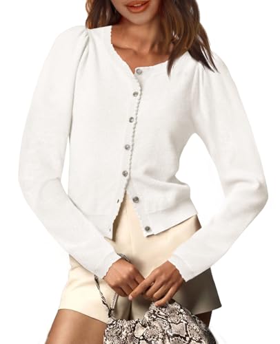 Saodimallsu Womens Puff Long Sleeve Cardigan Sweaters Fall Button Down Lightweight Knit Crew Neck Sweater Shirts