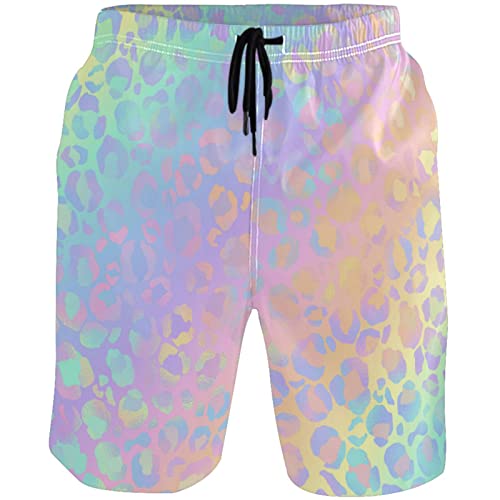 visesunny Bright Rainbow Leopard Print Men's Swim Trunks Quick Dry Bathing Suits Beach Swim Shorts