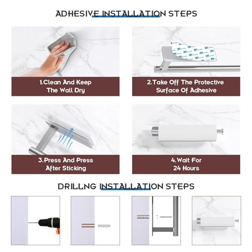 Image of ASTOFLI Paper Towel Holder Under Cabinet No Drilling, Self Adhesive Paper Towel Holder Wall Mount for Kitchen Rack, Under Counter Napin Holder No Drill, RV, 304 Stainless Steel, Silver 2 Pack