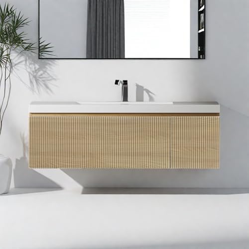 Image of Wall Mounted Bathroom Sink Vanity, Modern 48 inch Floating Vanity with Resin Basin, U-Shaped Soft-Close Storage Drawer & Side Door, Striped Bathroom Storage Cabinet with Invisible Handle, Wood