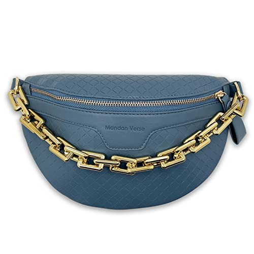 Pochete feminina de corrente grossa, bolsa de cintura de couro xadrez, bolsas transversais de ombro, bolsas de mão de designer de luxo, bolsa feminina com cinto, Azul, Small, Clássico