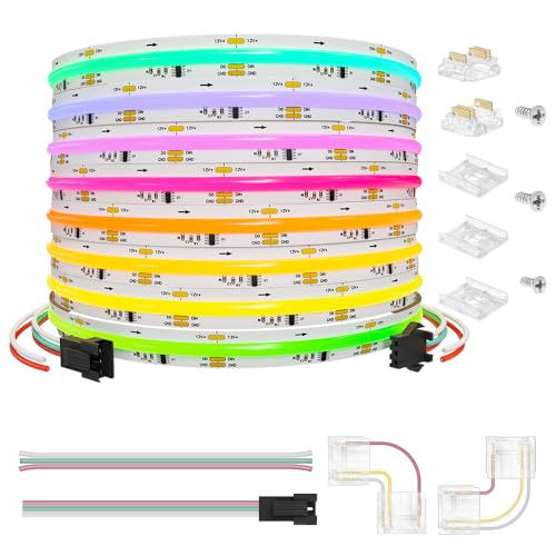 LOAMLIN Smart WS2811 IC RGB COB LED Strip 16.4FT/5M, 720LED/m 20IC/M 12mm Width High Density Uniform Chasing Color Light DC12V White PCB Flexible Tape Light(No Adapter or Controller)