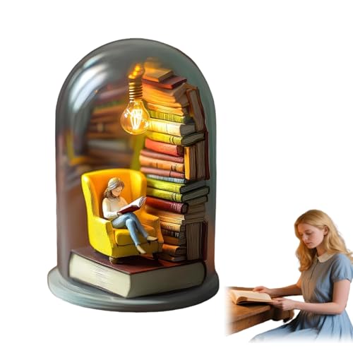 Reader Night Light, Miniature Book Lover Lamp Sculpture with Mini Books and LED Light, Mini Reading Figurine Tiny Bookshelf Library Statue, Gift for Family, Friends, Colleagues (A)