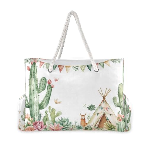 Cute Llama and Cactus Beach Bag & Travel Tote Bag Large Sandproof with Zipper Closure, Wet Pouch for Swim Gym Travel, Lightweight Foldable Outdoor Bag2