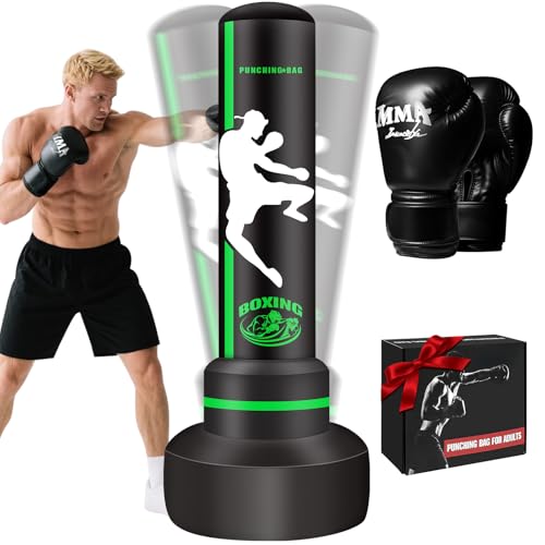 Freestanding Punching Bag with Gloves, 70'' Heavy Boxing Bag with Stand for Adult Teens, Standing Women Men Inflatable Kickboxing Bags for Beginners Training MMA Muay Thai Fitness