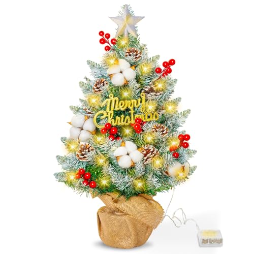 DONGQI Sapins de Noël 60 cm, Mini Sapin de Noel Artificiel, Mini Arbre avec lumières LED et Ornements, Décoration pour Table Bureau Accueil Décoration