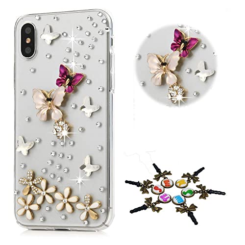 STENES Sparkle Case Compatible with Moto G Play (2023) Case - Stylish - 3D Handmade Girls Women Bling Butterfly Floral Rhinestone Crystal Diamond Design Cover Case - Pink&Red